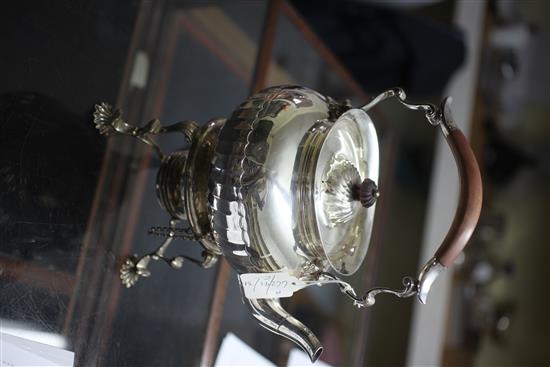 A late Victorian silver tea kettle on stand and later associated plated burner, gross 51 oz.